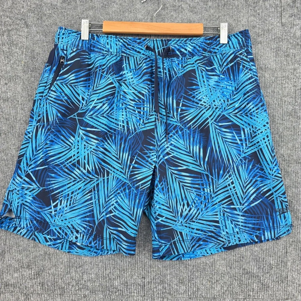 Speedo Mens Blue Tropical Palm Leaf Print Swim Trunks Size Large Zipper Pocket